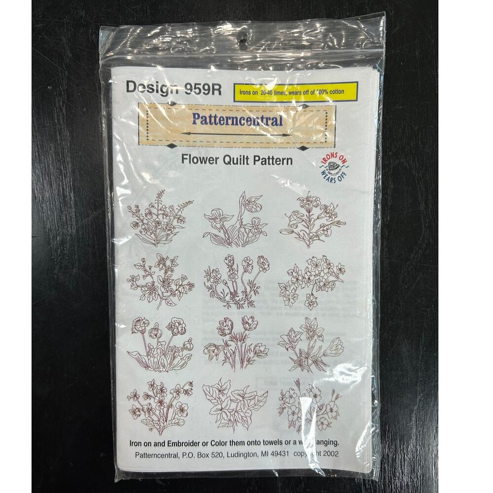 Vintage 2002- Flower Quilt Pattern Iron on, Wash off- 12 motifs- unused